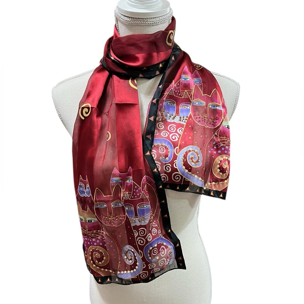 LAUREL BURCH Vintage Silk Cat Scarf Semi-Sheer Beaded Red Black Gold